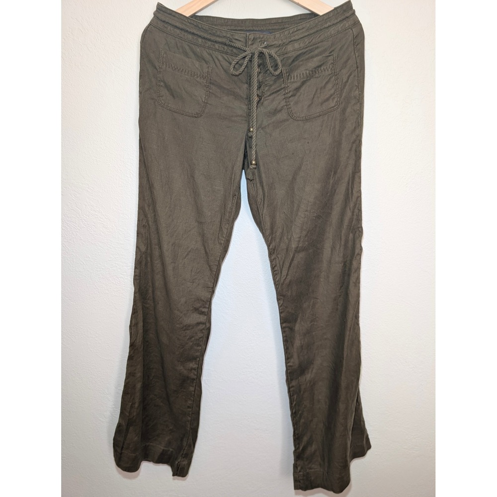 Anthropologie Level 99 Sz 27 Pants Olive Green Wide Leg Linen Blend Drawstring
